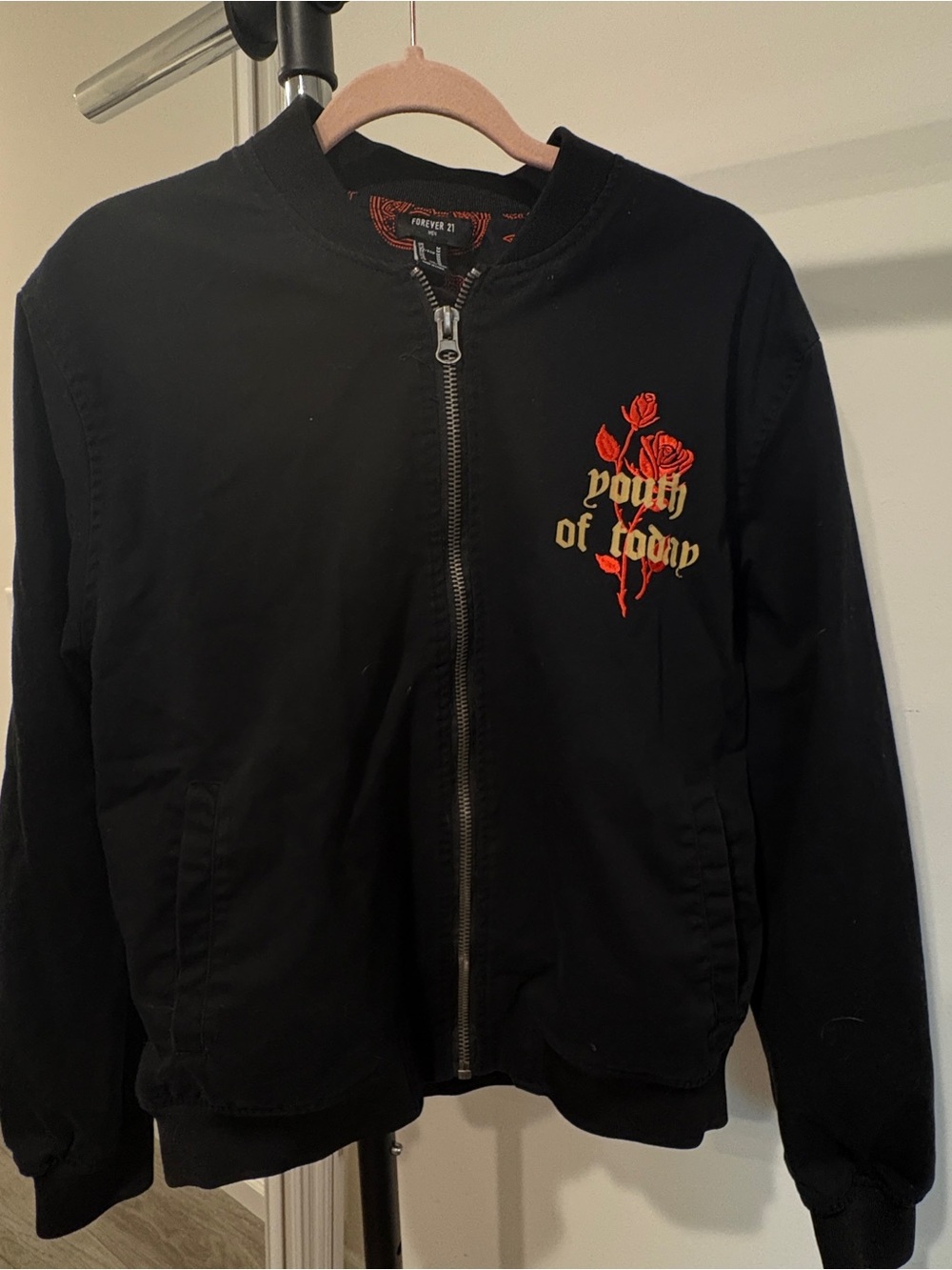 Forever 21 Black Bomber Jacket with Red Rose Graphic youth of today